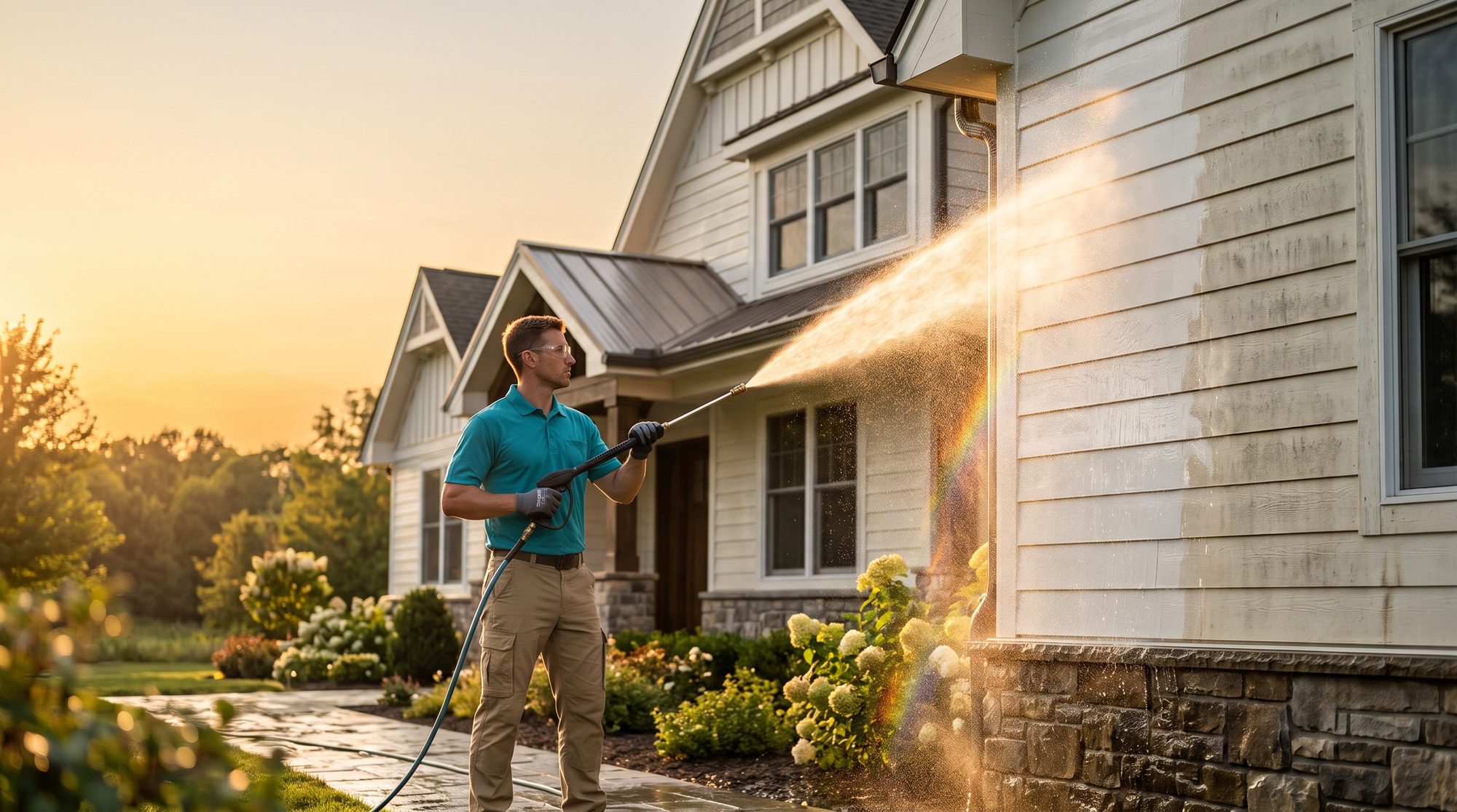 Ripple technician power-washing a home's siding at golden hour