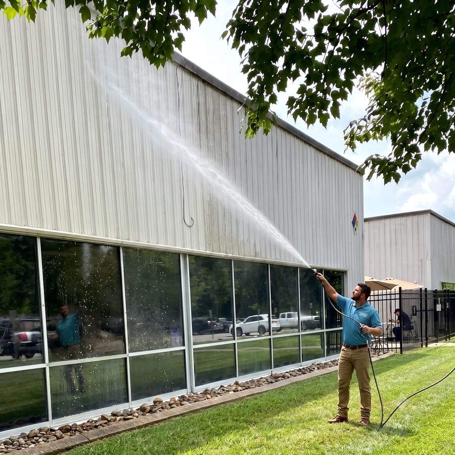Ripple technician power washing the exterior of a commercial building