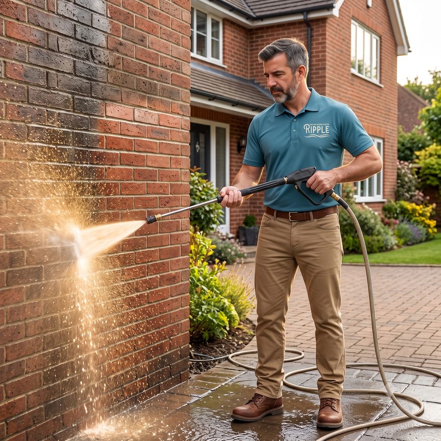 Ripple technician power washing a brick exterior wall