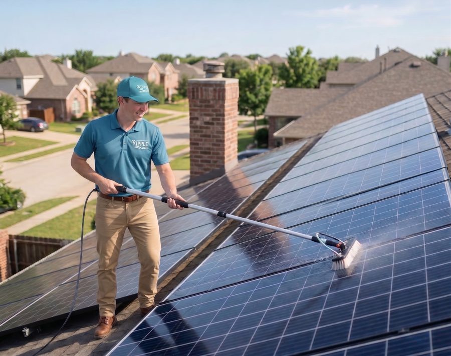 Ripple technician cleaning residential solar panels on a rooftop
