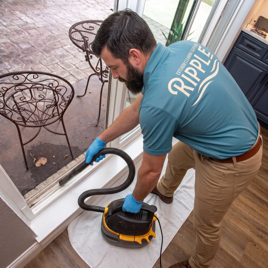 Ripple technician vacuuming out a sliding door window track